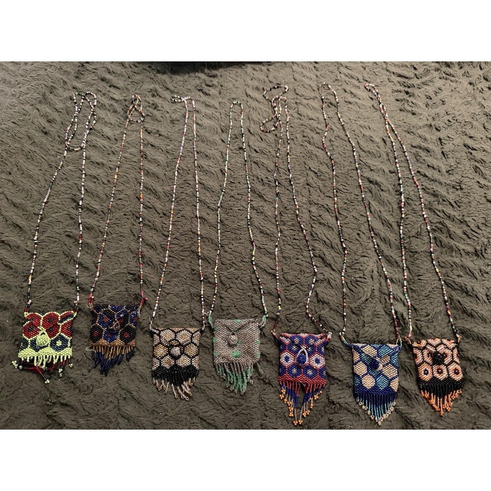 Vintage Hand-Beaded Amulet Medicine Pouch on Beaded Necklace and Fringe Lot Of 7